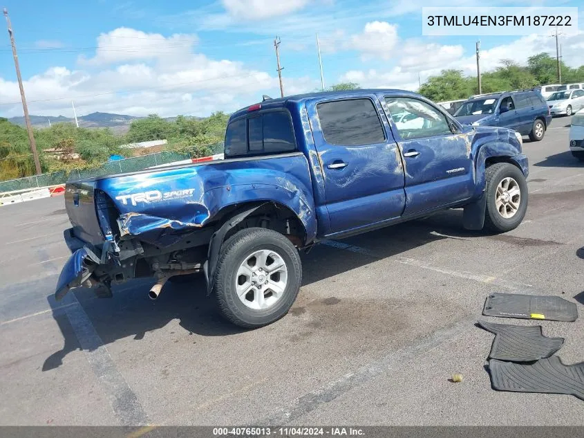 2015 Toyota Tacoma Base V6/Base V6 (M6)/Trd Pro VIN: 3TMLU4EN3FM187222 Lot: 40765013