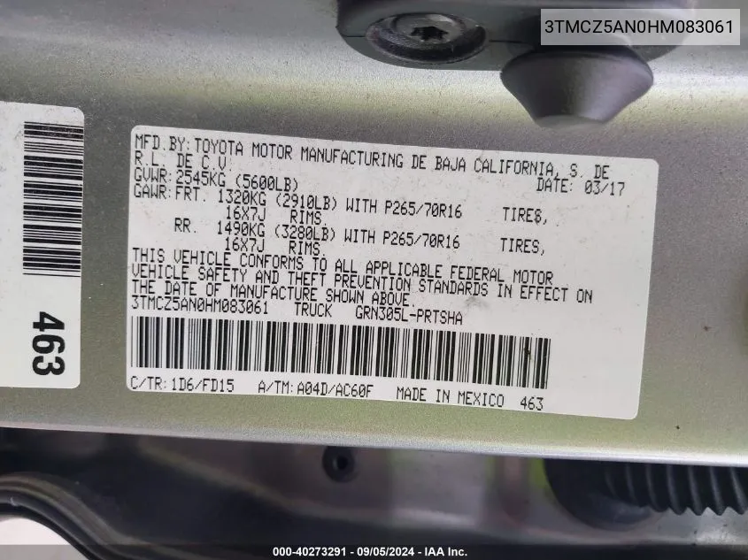 2017 Toyota Tacoma Dbl Cab/Sr/Trdspt/Or/Pro VIN: 3TMCZ5AN0HM083061 Lot: 40273291