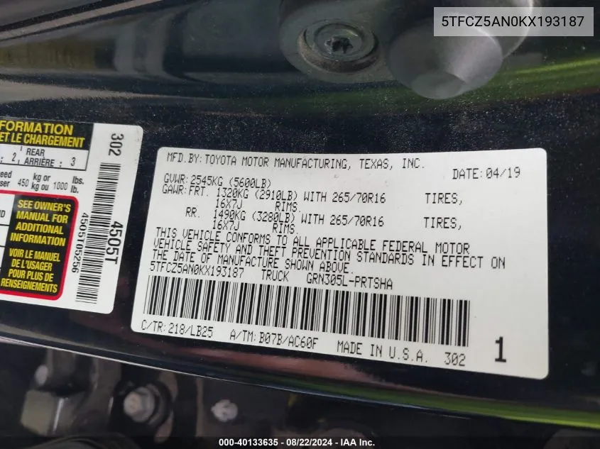 5TFCZ5AN0KX193187 2019 Toyota Tacoma Trd Pro