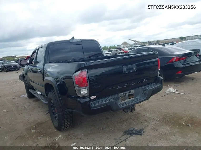 2019 Toyota Tacoma Double Cab/Sr/Sr5/Trd Spo VIN: 5TFCZ5AN5KX203356 Lot: 40315215