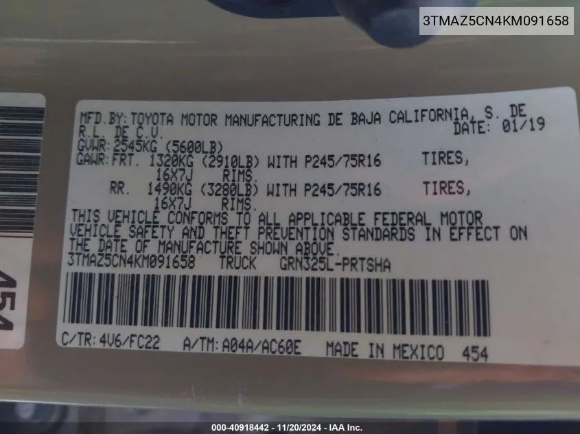 2019 Toyota Tacoma Sr5 V6 VIN: 3TMAZ5CN4KM091658 Lot: 40918442