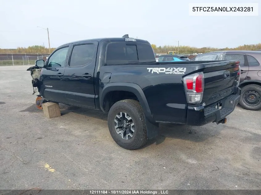 2020 Toyota Tacoma VIN: 5TFCZ5AN0LX243281 Lot: 12111184