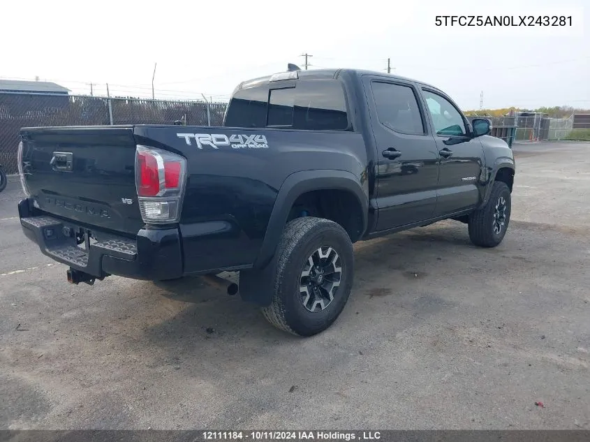 2020 Toyota Tacoma VIN: 5TFCZ5AN0LX243281 Lot: 12111184