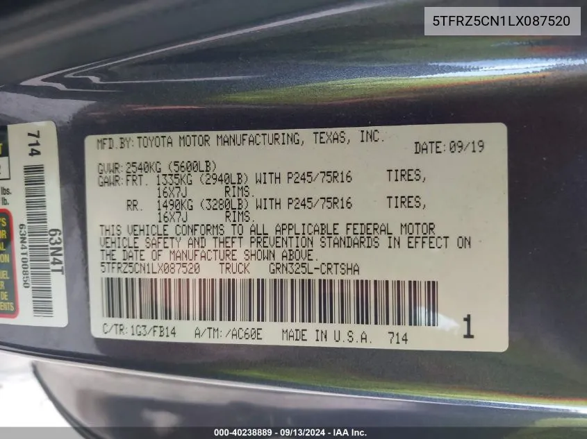 5TFRZ5CN1LX087520 2020 Toyota Tacoma Access Cab/Sr/Sr5/Trd Spo