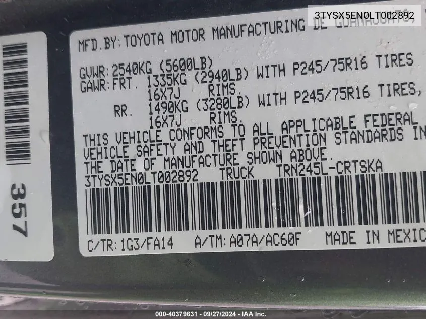 3TYSX5EN0LT002892 2020 Toyota Tacoma Access Cab/Sr/Sr5