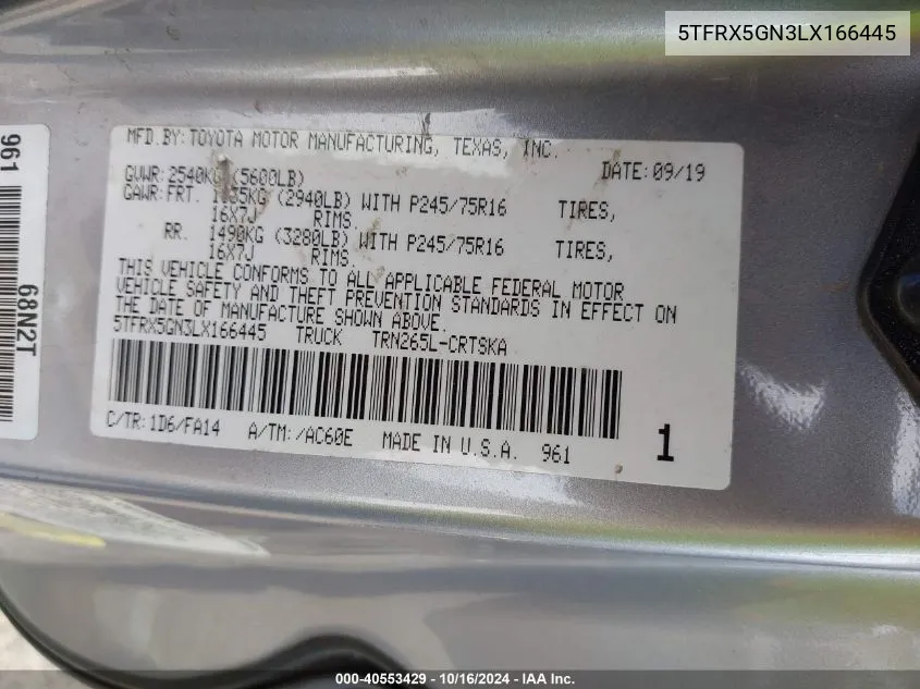 2020 Toyota Tacoma Sr VIN: 5TFRX5GN3LX166445 Lot: 40553429