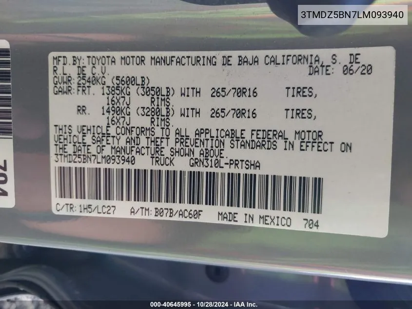 2020 Toyota Tacoma Trd Off-Road VIN: 3TMDZ5BN7LM093940 Lot: 40645995