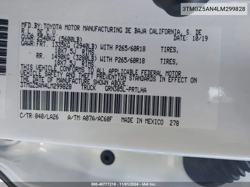 2020 Toyota Tacoma Limited VIN: 3TMGZ5AN4LM299828 Lot: 40777218