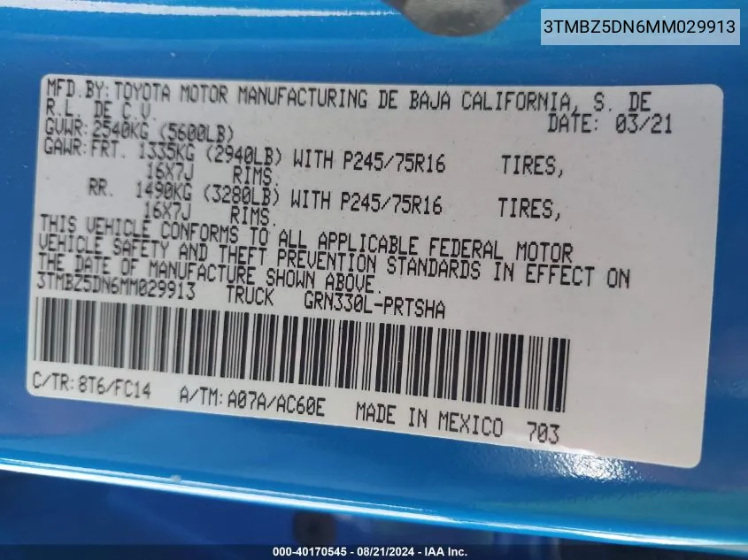 2021 Toyota Tacoma Sr5 V6 VIN: 3TMBZ5DN6MM029913 Lot: 40170545