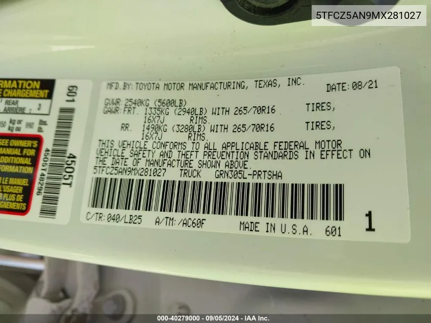 2021 Toyota Tacoma Double Cab/Sr/Sr5/Trd Spo VIN: 5TFCZ5AN9MX281027 Lot: 40279000