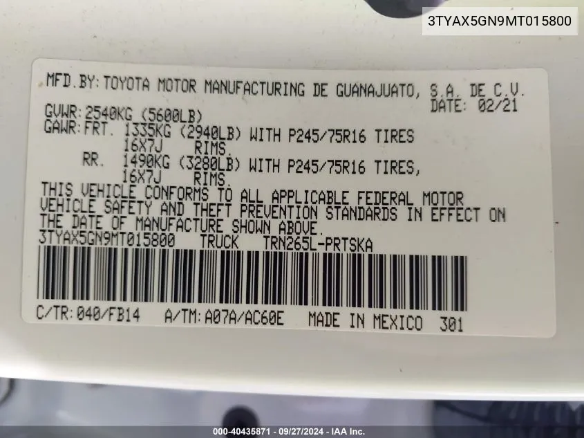 3TYAX5GN9MT015800 2021 Toyota Tacoma Sr