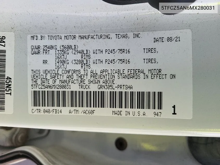 2021 Toyota Tacoma Double Cab/Sr/Sr5/Trd Sport/Trd Off Road/Trd Pro VIN: 5TFCZ5AN6MX280031 Lot: 40458829