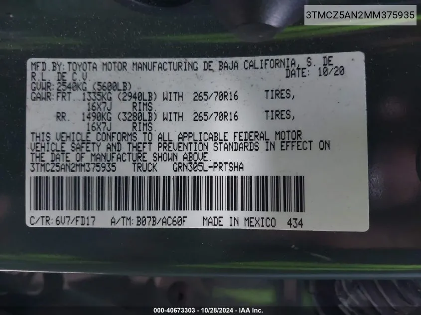 2021 Toyota Tacoma Sr V6/Sr5 V6/Trd Off-Road/Trd Pro/Trd Sport VIN: 3TMCZ5AN2MM375935 Lot: 40673303