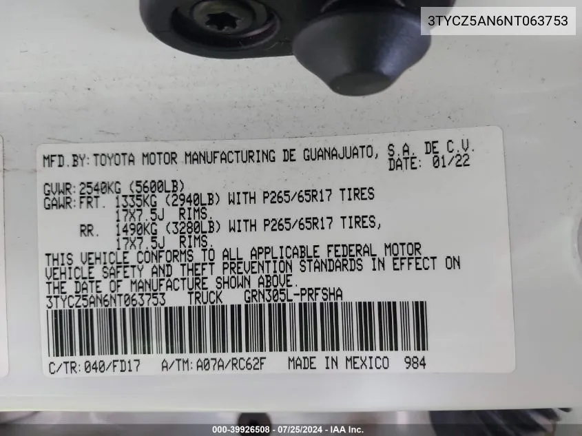 3TYCZ5AN6NT063753 2022 Toyota Tacoma Sr5 V6