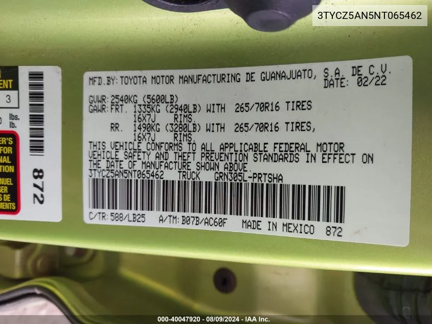 3TYCZ5AN5NT065462 2022 Toyota Tacoma Trd Pro