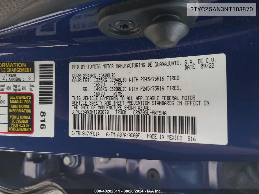 3TYCZ5AN3NT103870 2022 Toyota Tacoma Sr V6/Sr5 V6/Trd Off Road/Trd Pro/Trd Sport