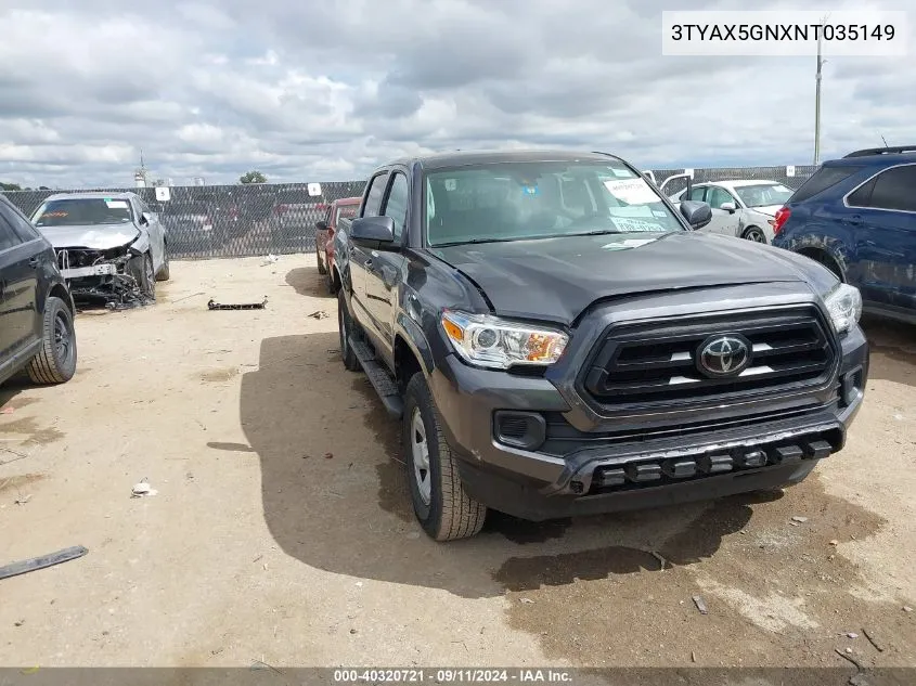 2022 Toyota Tacoma Double Cab/Sr/Sr5 VIN: 3TYAX5GNXNT035149 Lot: 40320721