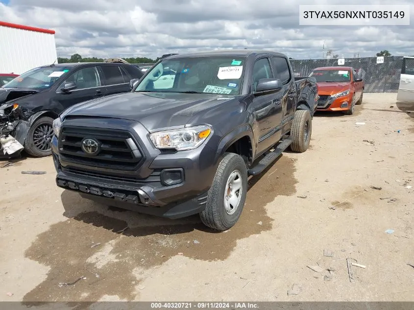 2022 Toyota Tacoma Double Cab/Sr/Sr5 VIN: 3TYAX5GNXNT035149 Lot: 40320721