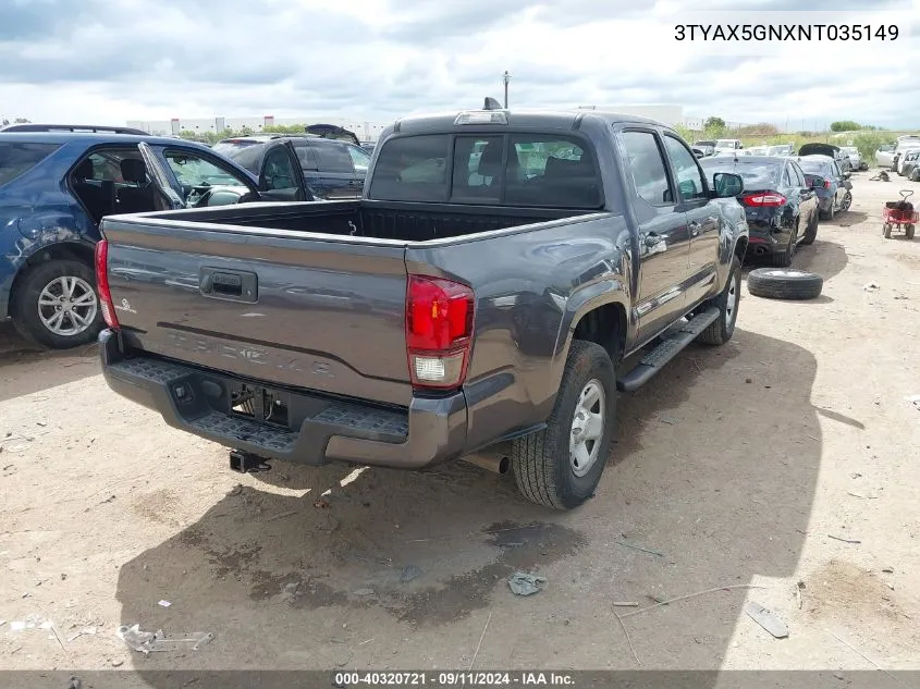 2022 Toyota Tacoma Double Cab/Sr/Sr5 VIN: 3TYAX5GNXNT035149 Lot: 40320721