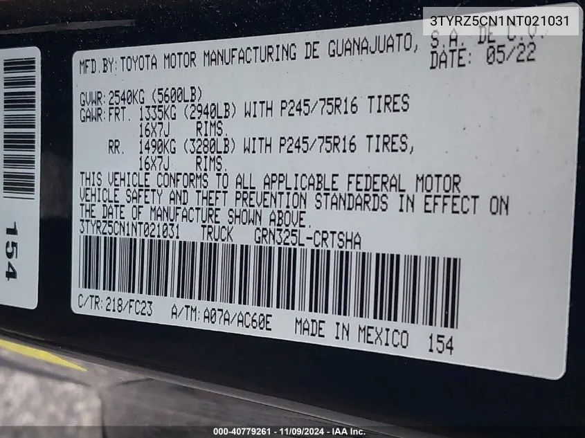 2022 Toyota Tacoma Sr5/Sr5 V6 VIN: 3TYRZ5CN1NT021031 Lot: 40779261