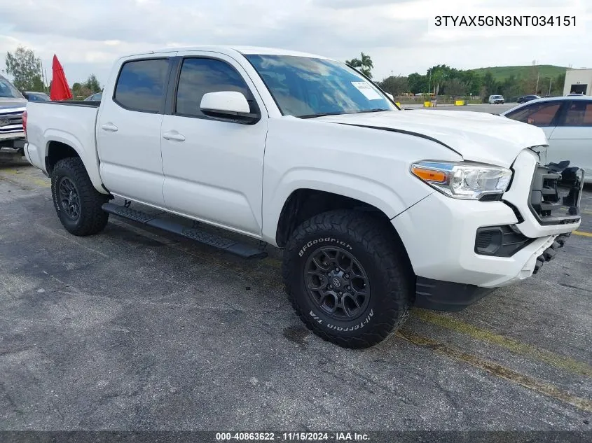 2022 Toyota Tacoma Sr VIN: 3TYAX5GN3NT034151 Lot: 40863622