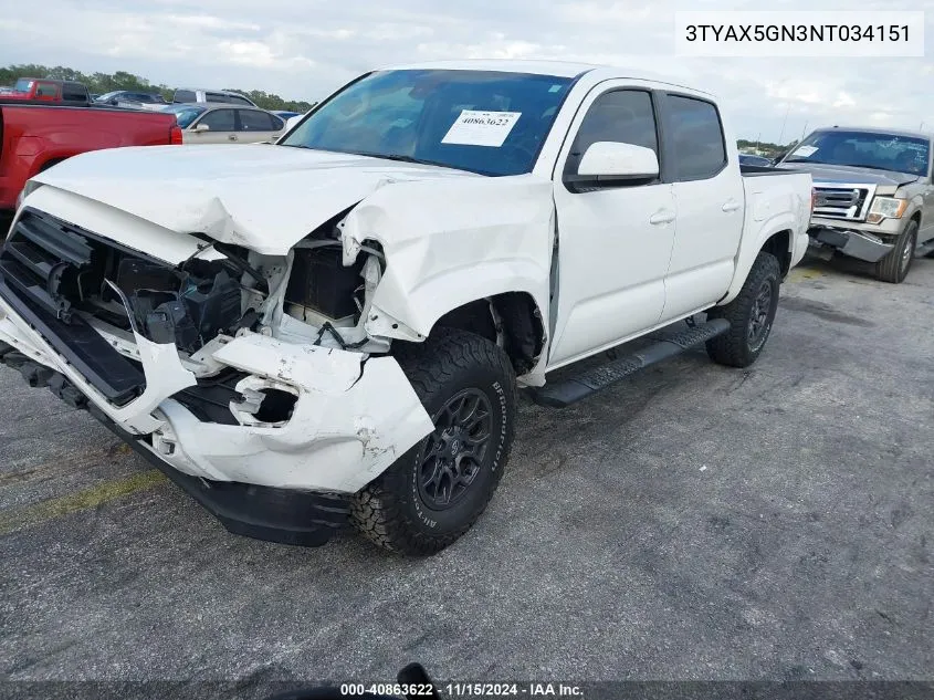 2022 Toyota Tacoma Sr VIN: 3TYAX5GN3NT034151 Lot: 40863622