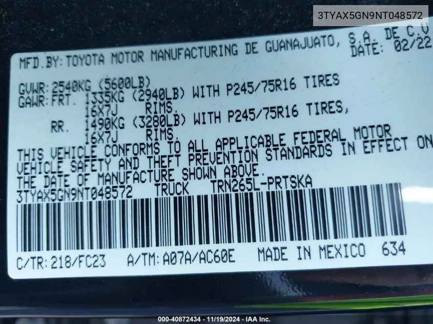 2022 Toyota Tacoma Sr5 VIN: 3TYAX5GN9NT048572 Lot: 40872434