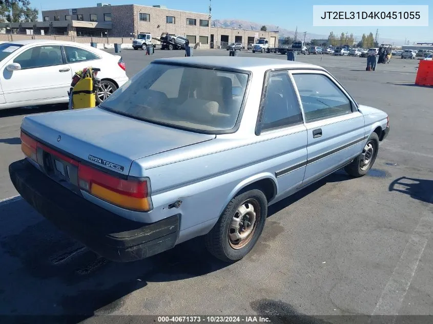 1989 Toyota Tercel VIN: JT2EL31D4K0451055 Lot: 40671373