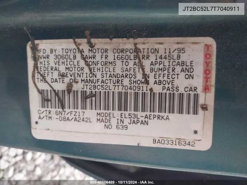 1996 Toyota Tercel Dx VIN: JT2BC52L7T7040911 Lot: 40556489