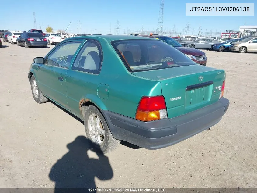 1997 Toyota Tercel Ce VIN: JT2AC51L3V0206138 Lot: 12112880