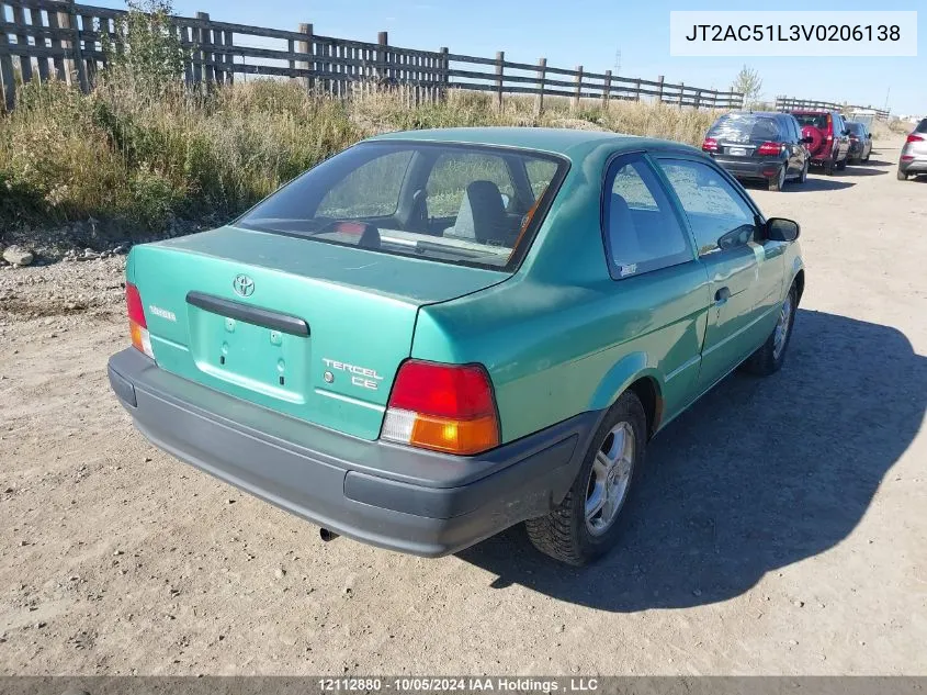 1997 Toyota Tercel Ce VIN: JT2AC51L3V0206138 Lot: 12112880