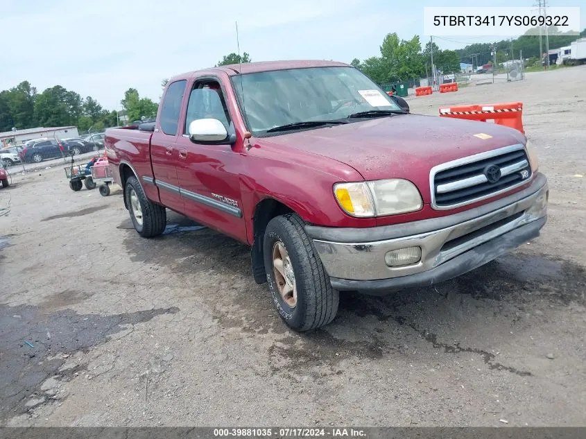 2000 Toyota Tundra Sr5 V8 VIN: 5TBRT3417YS069322 Lot: 39881035