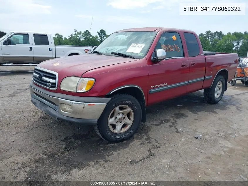 2000 Toyota Tundra Sr5 V8 VIN: 5TBRT3417YS069322 Lot: 39881035