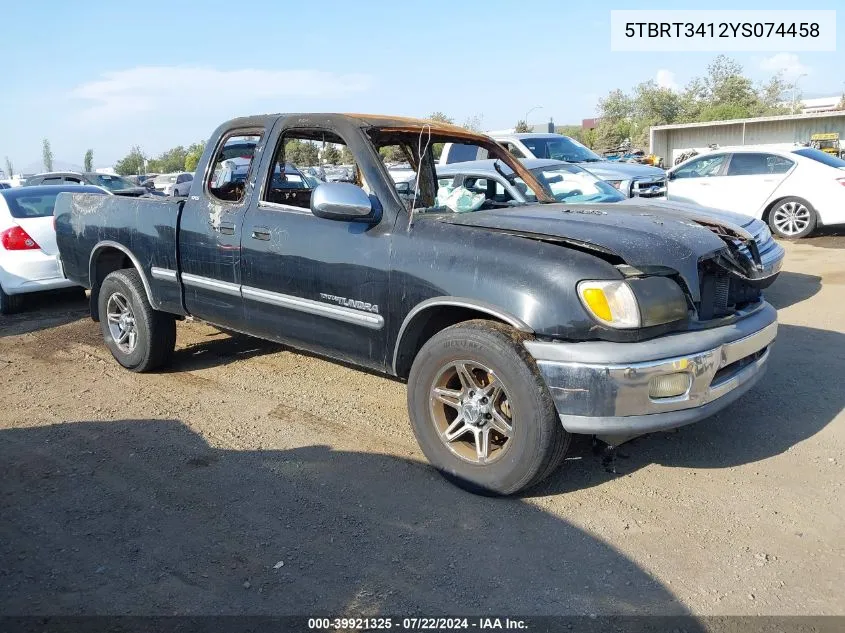 2000 Toyota Tundra Sr5 V8 VIN: 5TBRT3412YS074458 Lot: 39921325