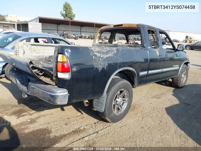 2000 Toyota Tundra Sr5 V8 VIN: 5TBRT3412YS074458 Lot: 39921325