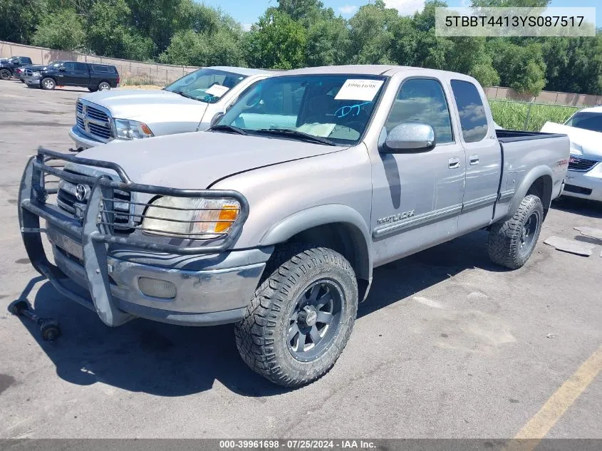 2000 Toyota Tundra Sr5 V8 VIN: 5TBBT4413YS087517 Lot: 39961698