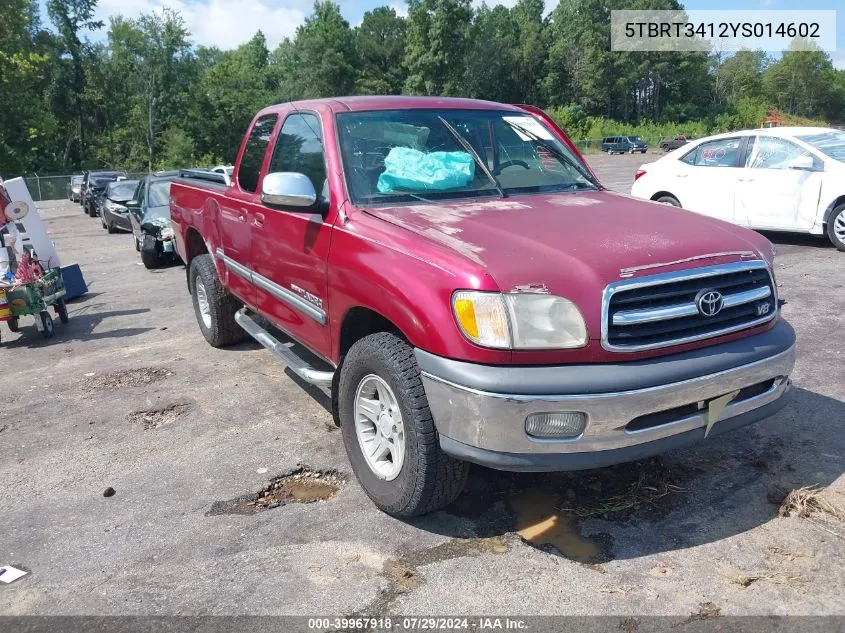 2000 Toyota Tundra Sr5 V8 VIN: 5TBRT3412YS014602 Lot: 39967918