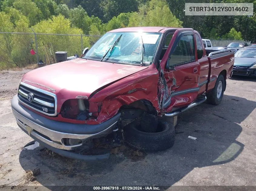 2000 Toyota Tundra Sr5 V8 VIN: 5TBRT3412YS014602 Lot: 39967918