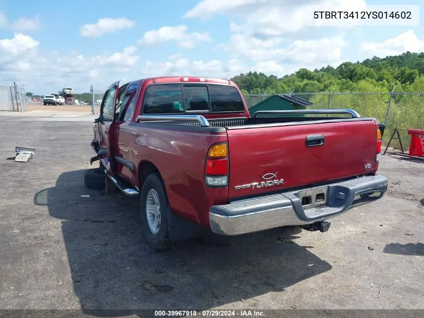 2000 Toyota Tundra Sr5 V8 VIN: 5TBRT3412YS014602 Lot: 39967918