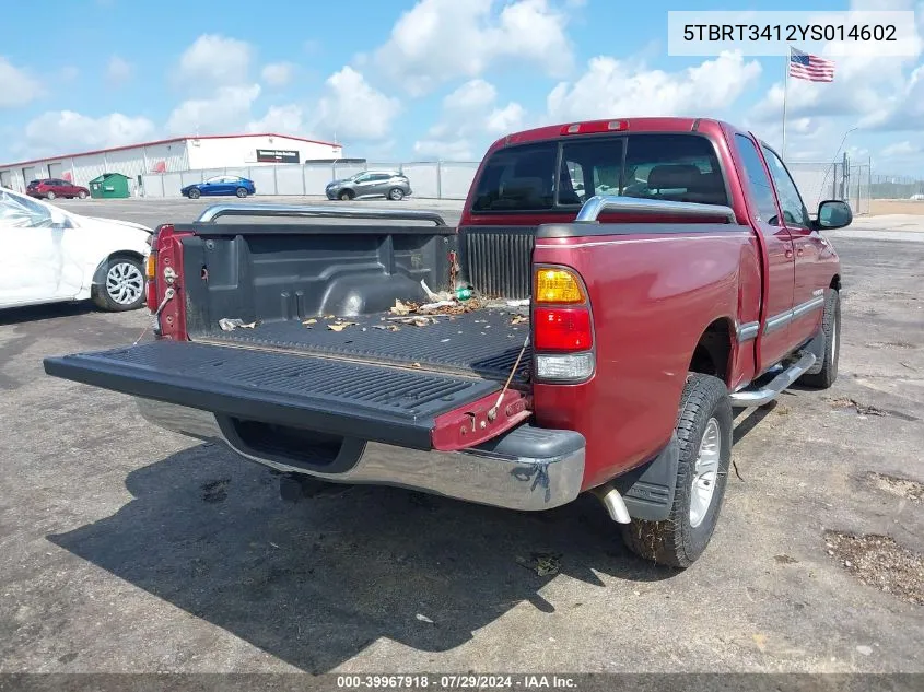 2000 Toyota Tundra Sr5 V8 VIN: 5TBRT3412YS014602 Lot: 39967918