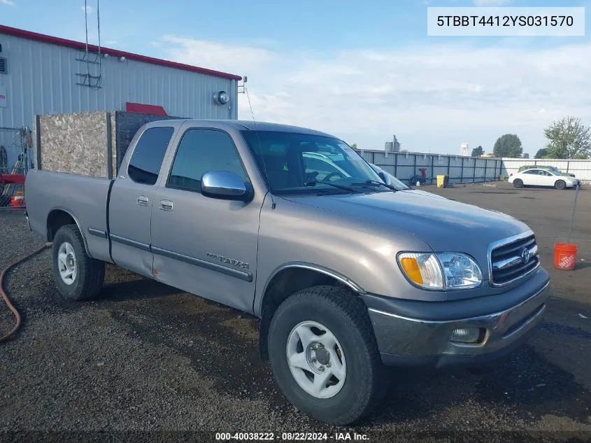 2000 Toyota Tundra Sr5 V8 VIN: 5TBBT4412YS031570 Lot: 40038222