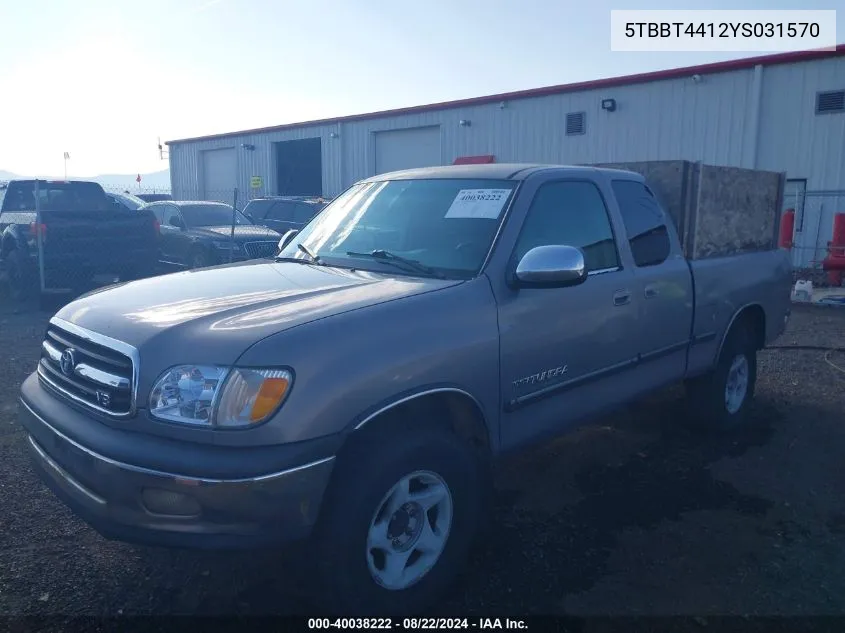 2000 Toyota Tundra Sr5 V8 VIN: 5TBBT4412YS031570 Lot: 40038222