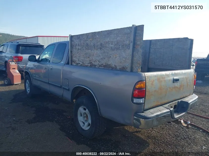 2000 Toyota Tundra Sr5 V8 VIN: 5TBBT4412YS031570 Lot: 40038222