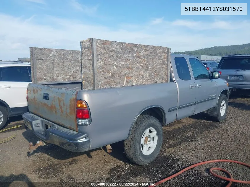 2000 Toyota Tundra Sr5 V8 VIN: 5TBBT4412YS031570 Lot: 40038222