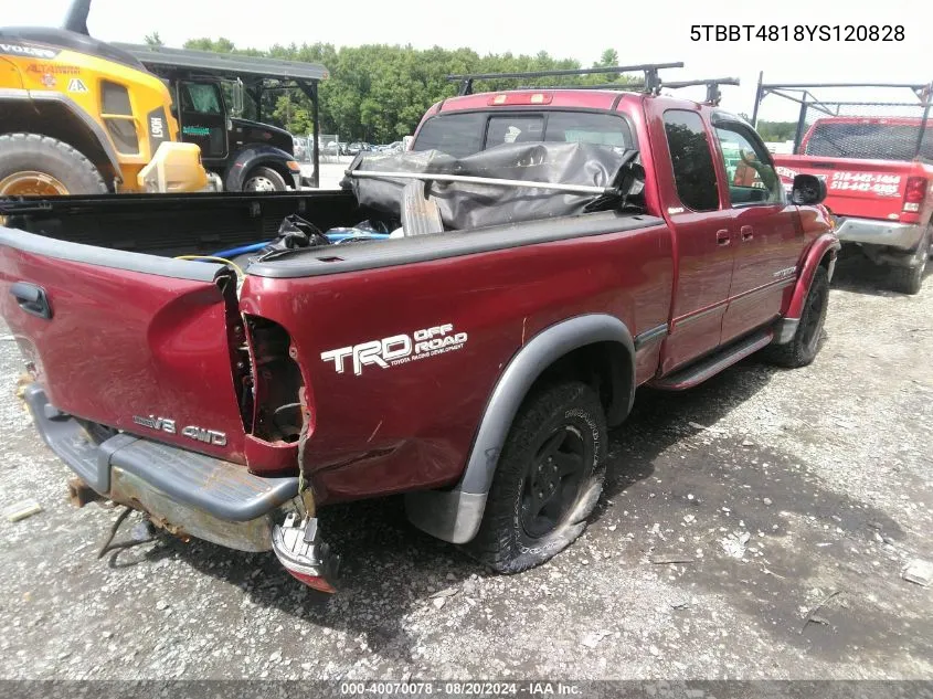 2000 Toyota Tundra Ltd V8 VIN: 5TBBT4818YS120828 Lot: 40070078