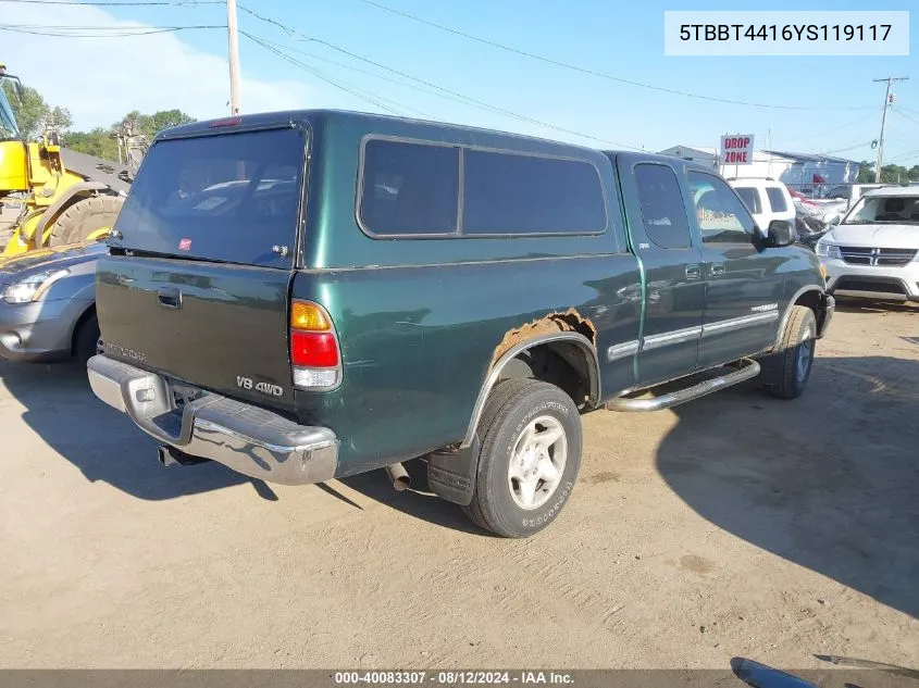 2000 Toyota Tundra Sr5 V8 VIN: 5TBBT4416YS119117 Lot: 40083307