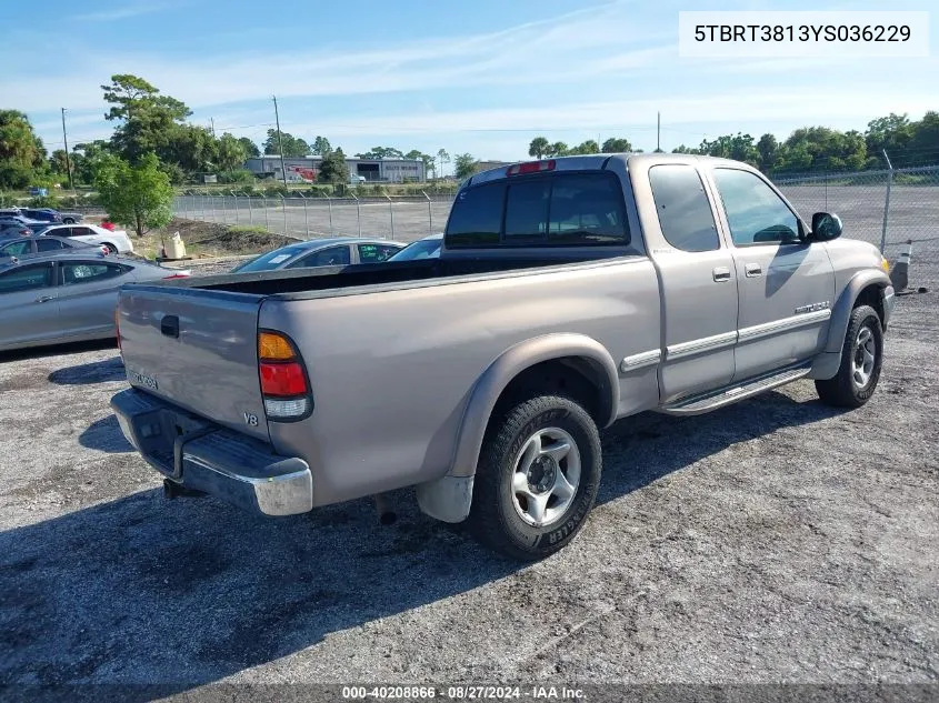 2000 Toyota Tundra Ltd V8 VIN: 5TBRT3813YS036229 Lot: 40208866