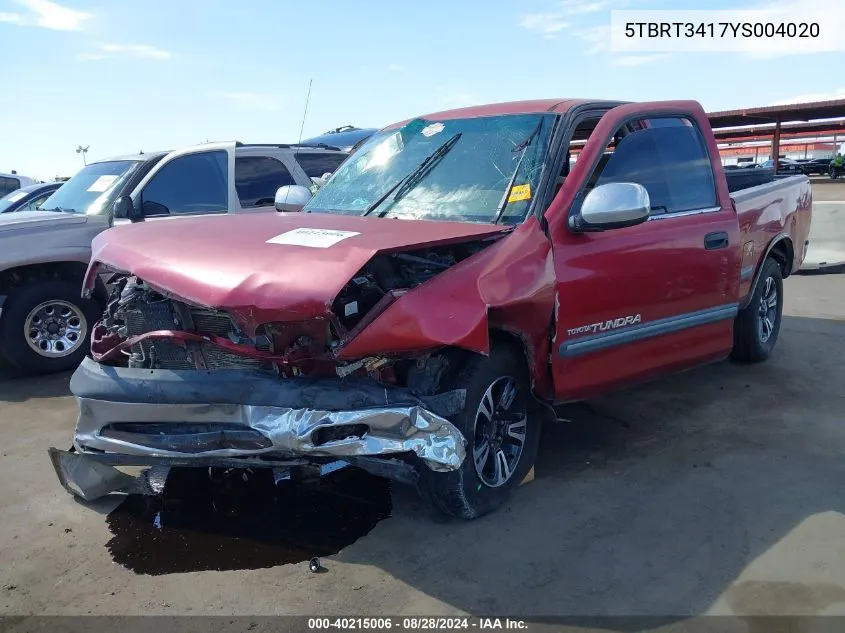 2000 Toyota Tundra Sr5 V8 VIN: 5TBRT3417YS004020 Lot: 40215006