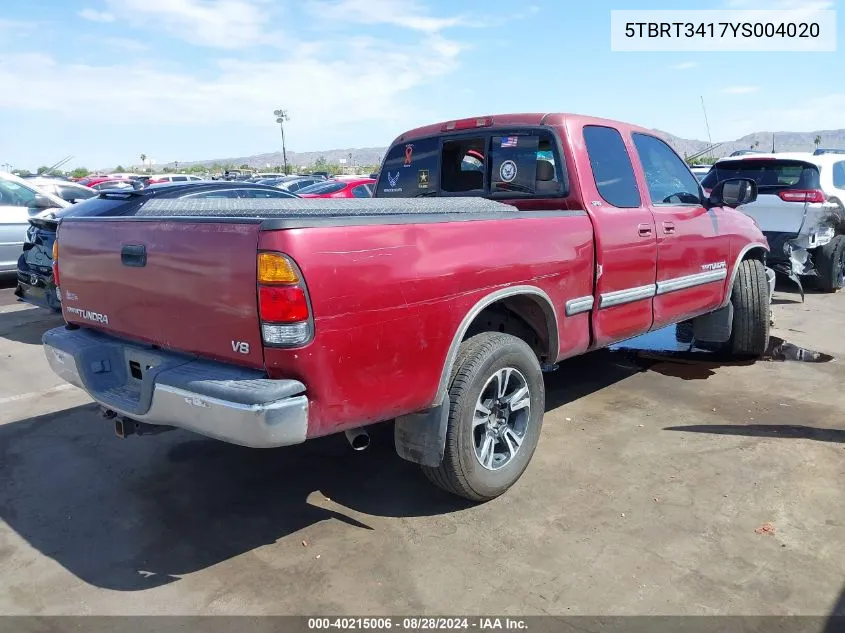 2000 Toyota Tundra Sr5 V8 VIN: 5TBRT3417YS004020 Lot: 40215006