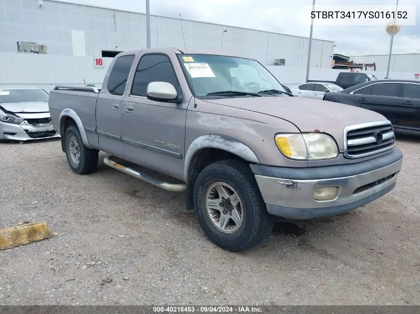 2000 Toyota Tundra Sr5 V8 VIN: 5TBRT3417YS016152 Lot: 40218453